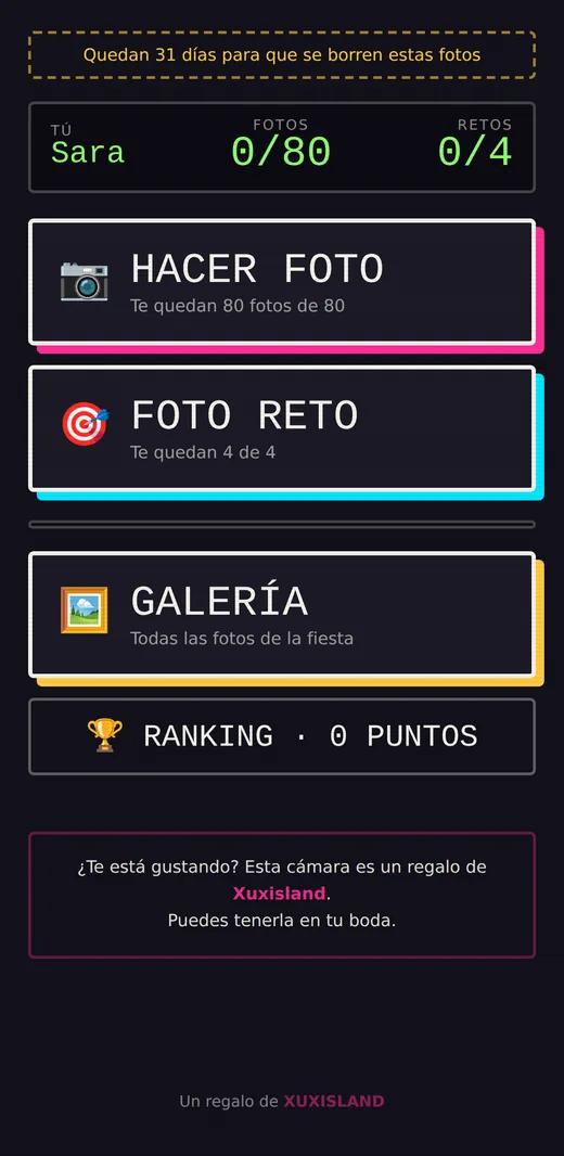 Pantalla principal de La Cámara de la Boda en un móvil, con los botones Hacer foto, Foto reto, Galería y Ranking