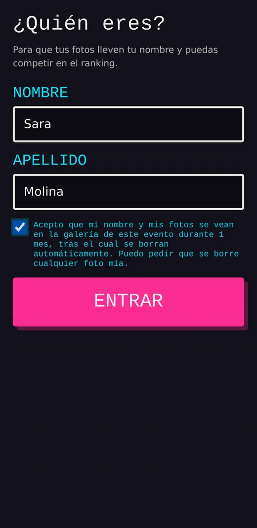 Pantalla donde el invitado escribe su nombre y apellido