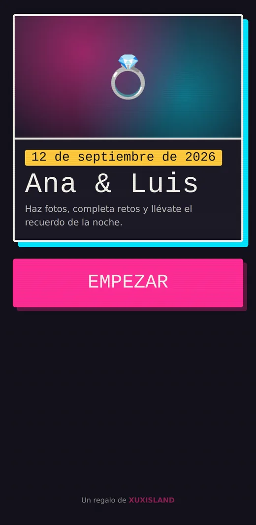 Pantalla de bienvenida con el nombre de los novios y la fecha de la boda